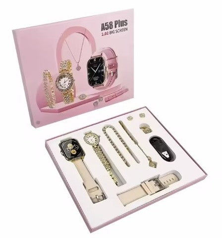 Set Reloj Inteligente A58 Plus Dorado – Pack Doble Smartwatch + Pulsera de Moda para Hombre y Mujer